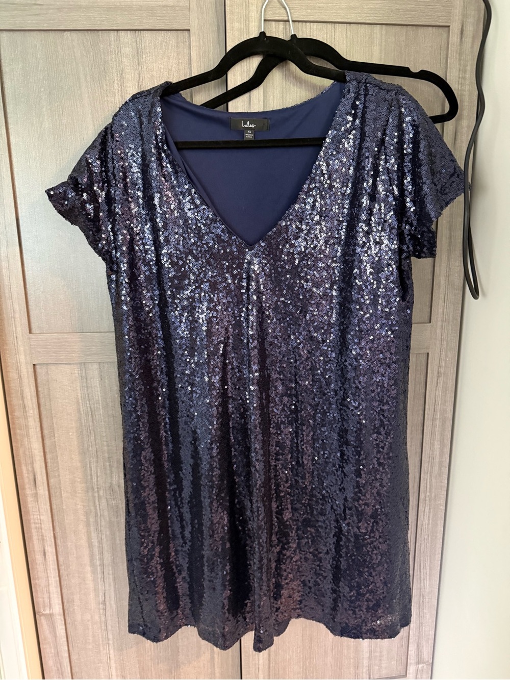Lulus Navy Blue Sequin V-Neck Shift Dress